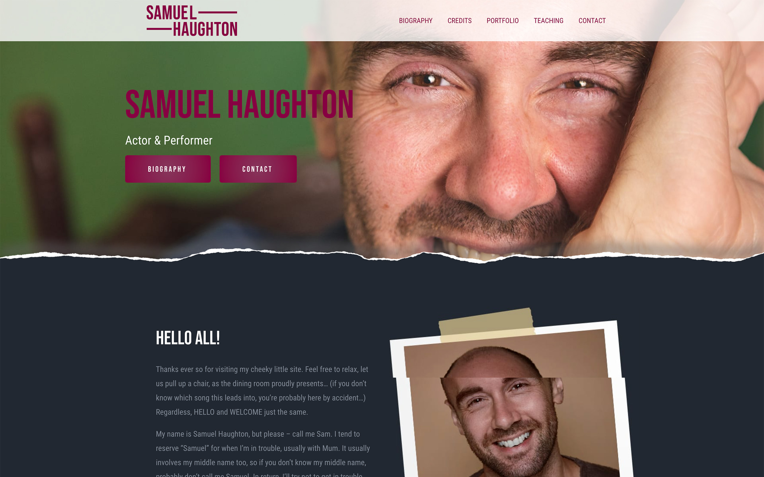 Samuel Haughton - Actor and Performer website design by Artsphere Creative